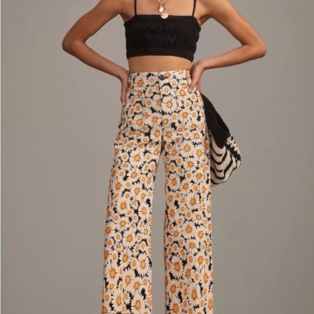 Anthropologie Sunflower Print Wide-Leg Pants